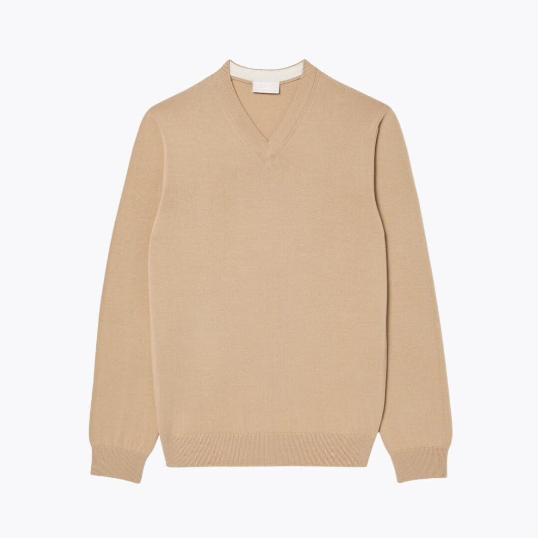 Einfarbiger Baumwoll-Pullover Mit V-Ausschnitt