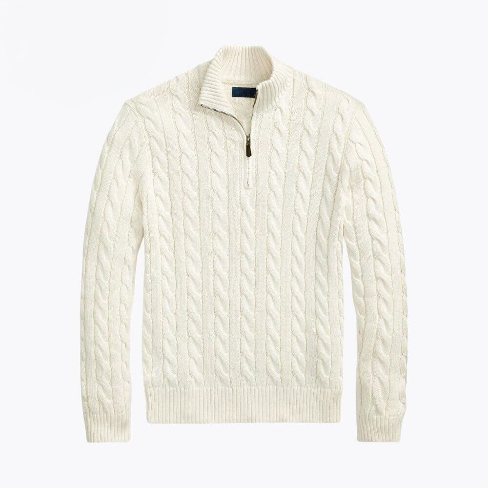 Grobstrick Baumwoll-Pullover Mit Zopfmuster Und Viertel-Reißverschluss