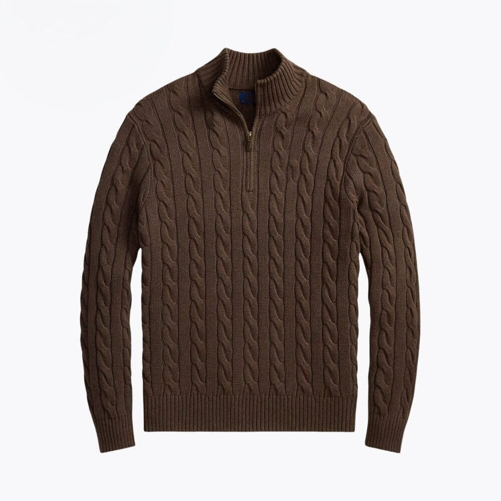 Grobstrick Baumwoll-Pullover Mit Zopfmuster Und Viertel-Reißverschluss